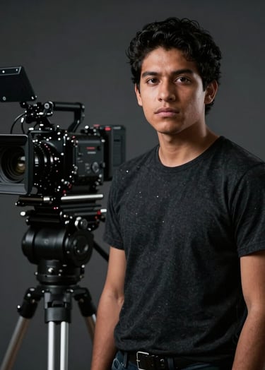 Cinematic portrait of a young South American professional filmmaker with a serious and creative expression, standing in a dark, minimalist studio. Subtle rim lighting accents his silhouette against a dark grey background. Professional cinema camera gear is visible but slightly out of focus in the background.