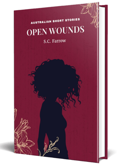 Crimson coloured book cover featuring the silhouette of a woman with wavy hair and pale-y line drawings of flowers