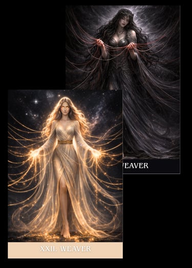 Dark and light versions of Weaver tarot cards featuring ethereal goddesses weaving glowing celestial threads.