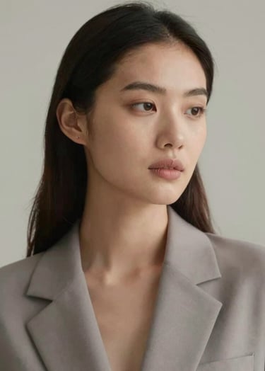 A sophisticated close-up photograph of a professional model looking away from the camera. The lighting is soft and cinematic, highlighting textures of skin and fabric in tones of #6B625E and #AEAEA7. The background is a clean, minimalist studio setting with neutral #F5F4F0 hues.