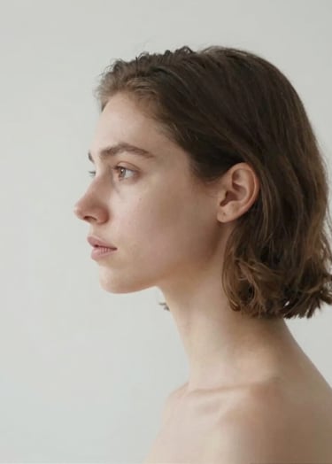 A high-fashion hero shot featuring a subject in soft profile. The lighting creates a gentle halo effect in #F5F4F0, while the shadows fall into #6B625E. Artistic, clean, and professional photography style.