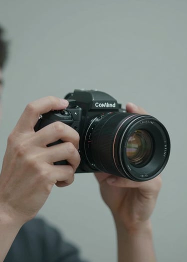 An artistic, minimalist shot of a photographer's hand adjusting a vintage lens. The lighting is soft and professional, emphasizing the tactile quality of the equipment. The palette is a mix of #26211F and #AEAEA7, radiating timeless professionalism.