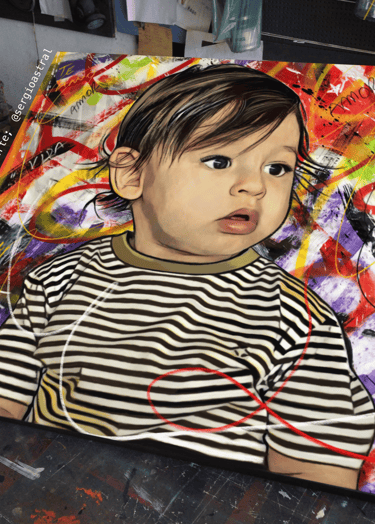 Pintura personalizada de uma criança sorridente, obra de arte vibrante.