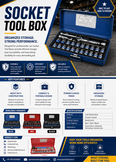 Durable metal socket tool box set with organized chrome vanadium sockets for automotive and industrial use.