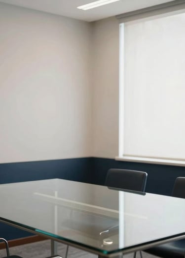 A high-end, contemporary South American / Brazilian office interior with soft off-white walls and dark navy blue accents. A glass table reflects professional lighting, emphasizing an atmosphere of expertise and elegance.