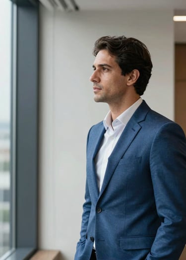 A high-end professional portrait of a male executive in a modern South American / Brazilian office. He is wearing a steel blue blazer and looking thoughtfully towards a window. The background features soft off-white walls and architectural lines in dark slate blue. Professional lighting, sophisticated mood.