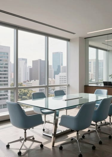 A wide-angle shot of a bright, modern corporate boardroom in a South American / Brazilian city. Large floor-to-ceiling windows show a blurred metropolitan skyline. The interior features a sleek glass table and chairs in slate blue and cloud white, with soft morning light illuminating the space.