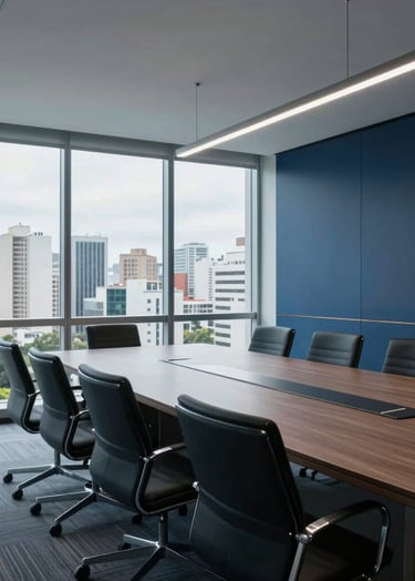 A wide-angle photograph of a sleek conference room in a South American / Brazilian metropolis, with large windows showing a cityscape. The interior uses a professional palette of pale blue-grey and dark navy blue.
