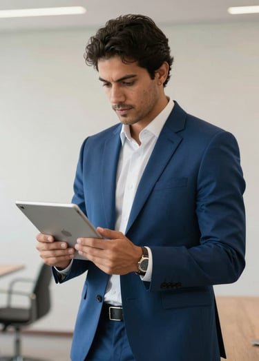 A professional South American / Brazilian man in a modern office, wearing a Steel Blue suit, looking at a tablet with a focused and confident expression. The background features clean Off-White walls and contemporary furniture. High-end professional photography style.