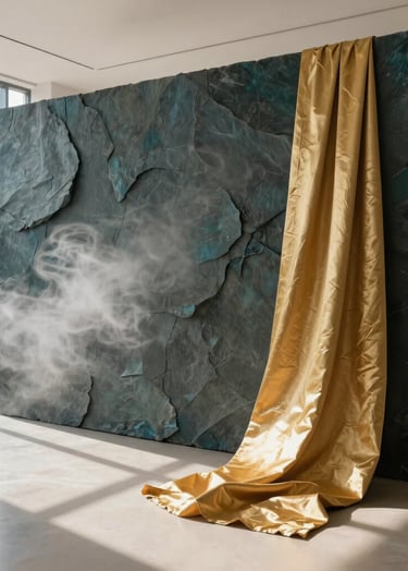A high-resolution photograph of a dynamic art installation inside a modern Northern European / Welsh / British gallery. The piece features slate mist and golden ochre fabrics draped over a deep charcoal teal structure. Natural light pours in from high windows, creating long shadows on a soft alabaster floor.