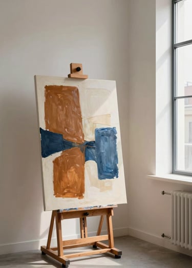 Sophisticated photography of a modern Northern European / Welsh / British art studio with minimalist Soft Off-White walls. A large abstract canvas sits on an easel featuring bold strokes of Warm Ochre and Slate Blue. Natural light pours in from a tall window, creating soft shadows and a stimulating artistic atmosphere.