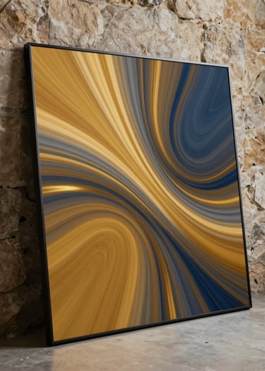 A high-resolution photograph of a modern Northern European / Welsh / British studio space where a digital screen displays vibrant abstract patterns in rich ochre gold and muted slate blue, leaning against a weathered stone wall.
