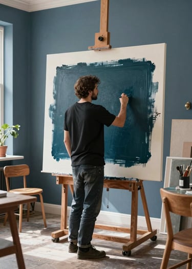 A professional artist in a modern Northern European / Welsh / British studio, viewed from behind as they work on a large experimental piece. The studio is filled with natural light and features slate blue walls and warm ochre wood furniture. The artist is applying a deep midnight teal wash to a canvas.