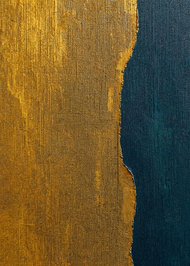 A detailed macro photograph of textured canvas showing layers of rich ochre gold and deep charcoal teal, representing a blend of historic and modern techniques, in a brightly lit Northern European / Welsh / British art workshop.