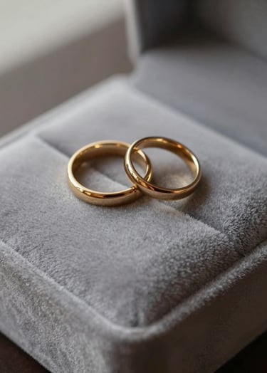 High-end photography of two gold wedding rings resting on a soft warm grey velvet cushion, minimalist composition with delicate natural lighting, evoking exclusive romance and luxury.