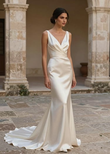 A sophisticated Hispanic / Spanish-speaking bride in a minimalist silk gown, photographed in soft morning light within a historic stone courtyard. The color palette features champagne and off-white tones, emphasizing a luxury editorial wedding style.