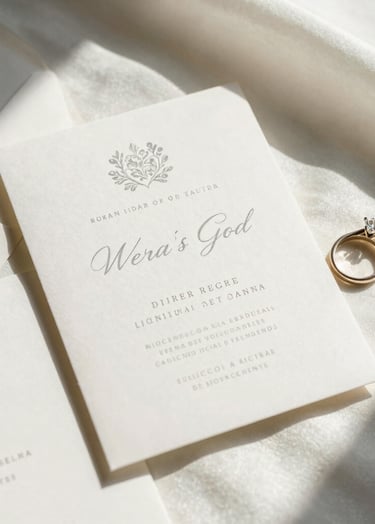 A close-up photograph of a minimalist, high-end wedding invitation suite and a diamond ring on a soft cream white silk fabric. Natural, soft morning light creates gentle shadows. Elegant typography and warm champagne grey accents, Hispanic / Spanish-speaking luxury context.