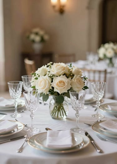 A luxury wedding reception table setup in a historic hacienda, featuring crystal glassware, fine china, and centerpieces with ivory roses. The aesthetic is sophisticated and minimalist with soft champagne lighting.