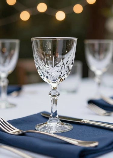 Macro shot of fine crystal glasses on a wedding table with slate blue napkins and silver cutlery, bokeh background of fairy lights, exclusive event styling.