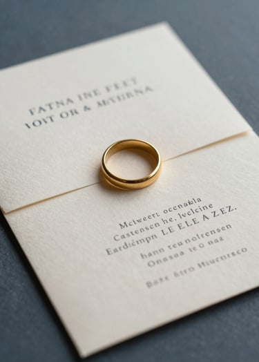 A close-up photography of a luxury wedding invitation on textured cream paper, paired with a vintage gold ring, soft natural morning light, minimalist composition, slate blue and cream color palette, Hispanic setting.
