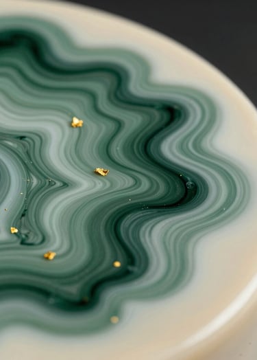 A macro photograph of high-gloss resin art. Swirls of Deep Forest Green and Sage Green pigments blending into a Soft Cream base with tiny suspended gold leaf flakes. Professional studio lighting in an International / Global gallery setting.