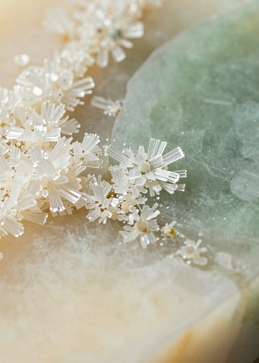 Macro shot of a cured resin surface with unique crystalline textures in Soft Cream and Sage Green. Pristine and modern lighting.