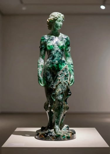 An elegant portrait of a resin art sculpture, standing on a minimalist pedestal in an International / Global gallery, lit to emphasize its translucent depth and vibrant Deep Forest Green core.