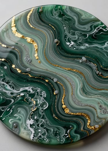 A breathtaking high-angle studio photograph of a circular resin artwork. The piece features deep forest green and muted sage green swirls, accented by shimmering veins of warm stone gray and gold mica flakes. The surface is glass-like and reflective, capturing the essence of a turbulent ocean surface.