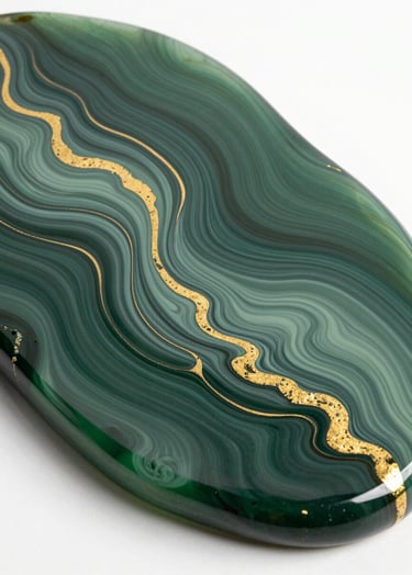 A breathtaking high-angle shot of a large resin art piece. The surface is glass-like and glossy, featuring deep forest green swirls intermingling with sage green and streaks of metallic gold. The composition is abstract and fluid, captured in a bright International / Global studio with natural light reflecting off the surface.
