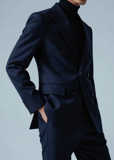An editorial photography shot of a high-fashion silhouette against a minimalist light blue-grey background in a North American / US studio. The subject's pose is sharp and angular, wearing structured navy garments. The lighting is high-contrast, highlighting the sophisticated textures of the clothing.