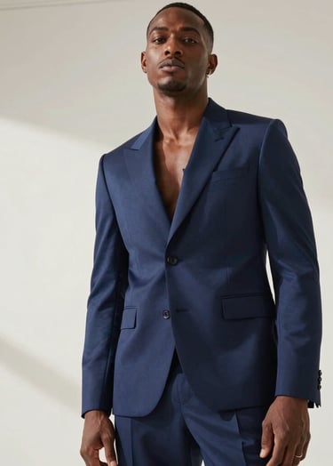 A high-fashion photography shot in a North American / US urban studio. The composition shows Alahji DáQuan from a low angle, wearing a sharp, tailored navy blue suit with architectural shoulders. The lighting is sophisticated and directional, creating highlights in light blue and deep navy shadows. The background is a clean, off-white minimalist wall.