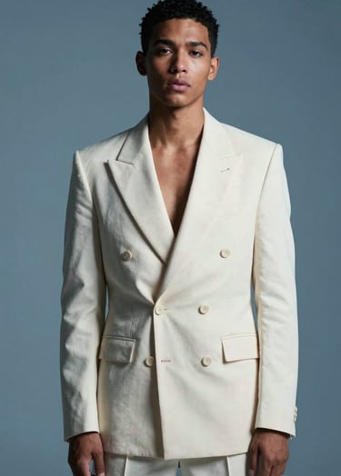 High-fashion studio portrait of a performer in North American / US, wearing a structured off-white avant-garde blazer against a clean slate blue backdrop. The lighting is dramatic, casting soft shadows that emphasize a look of powerful confidence and sophisticated artistry.