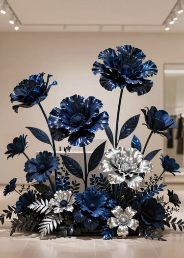 Photography of a large-scale floral installation in a high-fashion boutique in North American / US. The flowers are crafted from reflective deep navy and silver materials, standing as a centerpiece under soft, warm off-white ambient lighting.