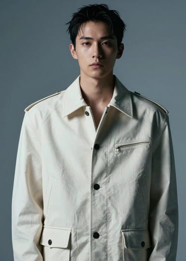 A high-fashion editorial portrait of a performer in a structured, avant-garde off-white jacket. The lighting is cinematic with deep blue shadows and pale grey-blue highlights. North American / US urban studio setting.