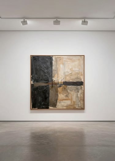 Wide-angle shot of a minimalist art gallery with high ceilings and white walls. A single, large abstract painting in shades of charcoal and tan is displayed under soft spotlights. Clean lines and a professional curated feel.