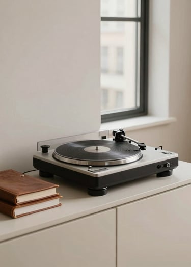 A sophisticated and introspective view of a minimalist workspace in a Western city apartment. A vintage turntable sits on a cream-colored sideboard next to a stack of leather-bound journals. Soft, natural light filters through a large window, creating a serene atmosphere. Palette: cream and taupe.
