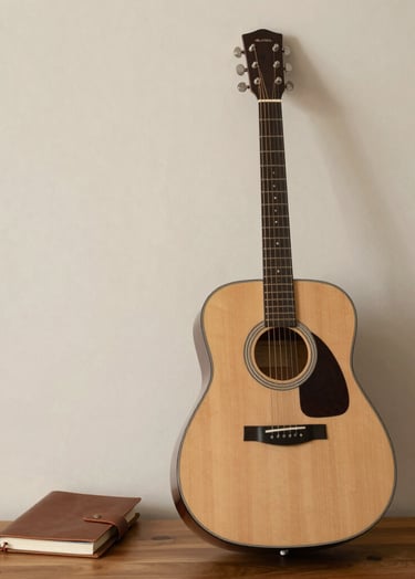 A sophisticated professional photograph of a minimalist home studio featuring an acoustic guitar leaning against a cream wall and a leather-bound notebook on a wooden desk. Palette colors: cream, taupe, and dark brown. International / Western setting.