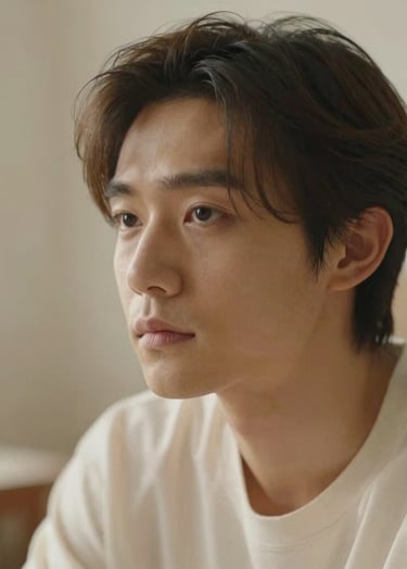 Sophisticated close-up photography of a professional artist in an introspective pose, looking away from the camera, warm soft natural lighting, cream and tan color palette, International / Western setting.