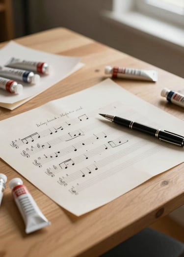 High-angle photograph of a wooden creative desk in a bright studio, featuring handwritten music scores, a vintage ink pen, and scattered oil paint tubes. Soft morning light coming from a window, International / Western setting, sophisticated and artistic mood. Palette includes cream, tan, and warm gray.