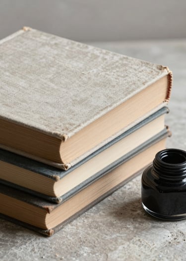 A still life photograph of a stack of books with weathered linen covers next to a ceramic inkwell on a stone surface. Elegant and introspective mood. Palette colors include cream, charcoal, and tan. International / Western setting.