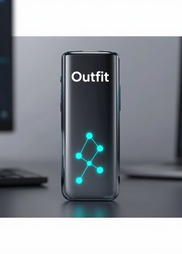 A sleek, handheld glass device showcasing a minimalist UI with glowing cyan nodes and sharp Outfit typography. The lighting is sophisticated, with a blurred tech-studio background, incorporating #E6EFF5 and #7A8C9E tones.