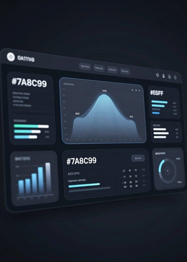 A sophisticated UI screenshot of a futuristic dashboard, featuring glass-morphism effects, holographic data visualizations in #7A8C9E and #E6EFF5, and dark #0A1118 backgrounds, sharp modern typography, cinematic lighting.