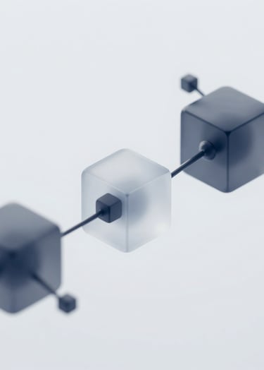 A sophisticated 3D abstract visualization of financial flow and data nodes. Minimalist style with frosted glass textures and a color palette of #2D3A4B and #7A8C9E against an #E6EFF5 background. The lighting is soft and professional, emphasizing depth and futuristic AI connectivity.