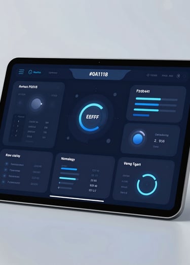 A high-fidelity UI mockup of a futuristic AI dashboard on a sleek glass-like tablet. The interface features deep navy #0A1118 backgrounds with sharp slate blue #2D3A4B borders and glowing #E6EFF5 accents. Professional, cutting-edge studio lighting with soft bokeh on a clean background.