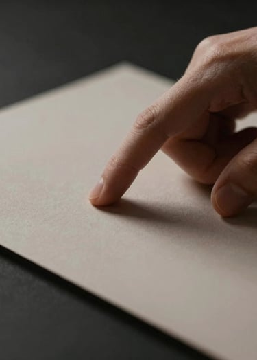 Artistic close-up of a hand emerging from darkness, touching a premium textured paper, with soft warm lighting and a sophisticated palette of #000000 and #B5A591.