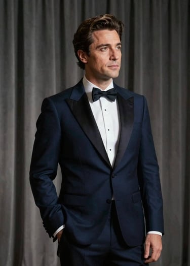 A sophisticated portrait of an Italian tenor in a midnight blue tuxedo, standing in a contemplative pose against a background of heavy theater curtains. The style is cinematic and artistic, incorporating #262626 for deep shadows and #DDCBC0 for elegant highlights.