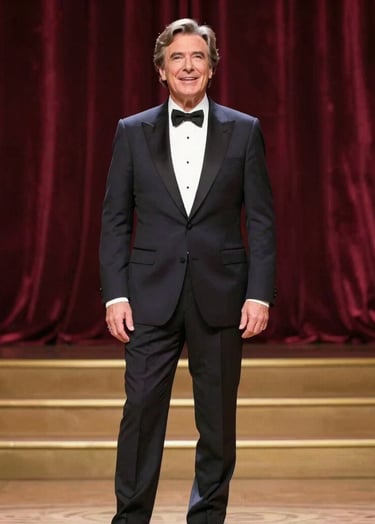 A sophisticated full-length portrait of a world-famous Italian tenor performing on a grand stage. He wears a tailored charcoal tuxedo. The background features blurred, rich burgundy velvet curtains and warm golden stage lighting. The mood is triumphant and elegant.