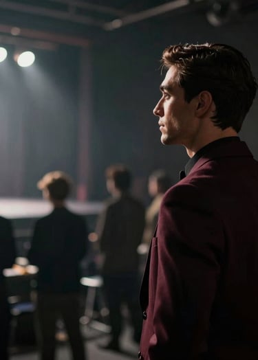 A cinematic, moody image of the tenor backstage, looking out from the wings towards the stage lights. Soft focus, elegant silhouettes, palette of charcoal gray and deep burgundy. Storytelling and intimate.