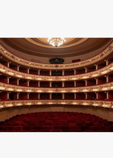 An elegant wide-angle shot of a grand opera house auditorium seen from the stage, with rows of plush red velvet seats and ornate balconies. The lighting mimics a professional stage setup with dramatic spotlights using the brand colors #6B242D and #F2F0EB.