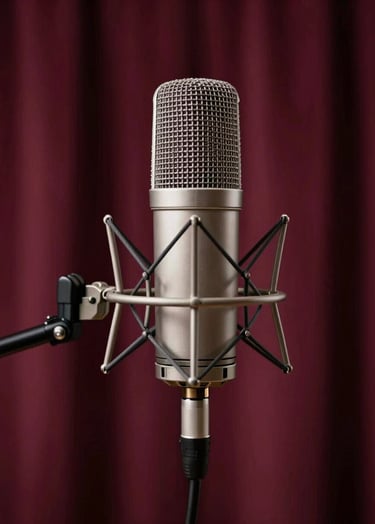A professional studio setup with a classic ribbon microphone on a stand. In the background, out-of-focus burgundy curtains (#6B242D) add a layer of texture. The atmosphere is professional yet deeply artistic.